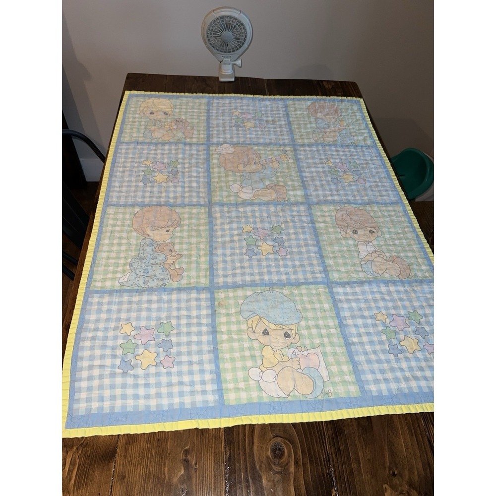 Precious Moments Baby Blanket Blue Pastel Gingham Vintage Patchwork
